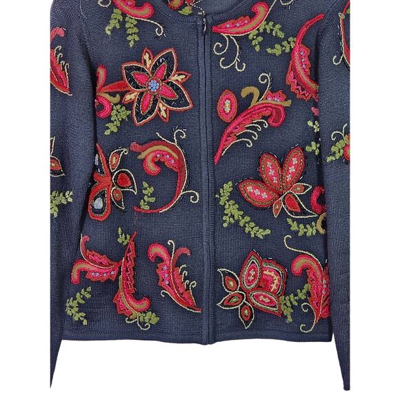 Vintage Talbots Embroidered Beaded Wool Blend Cardigan S – Black Floral Zip - Picture 3 of 10